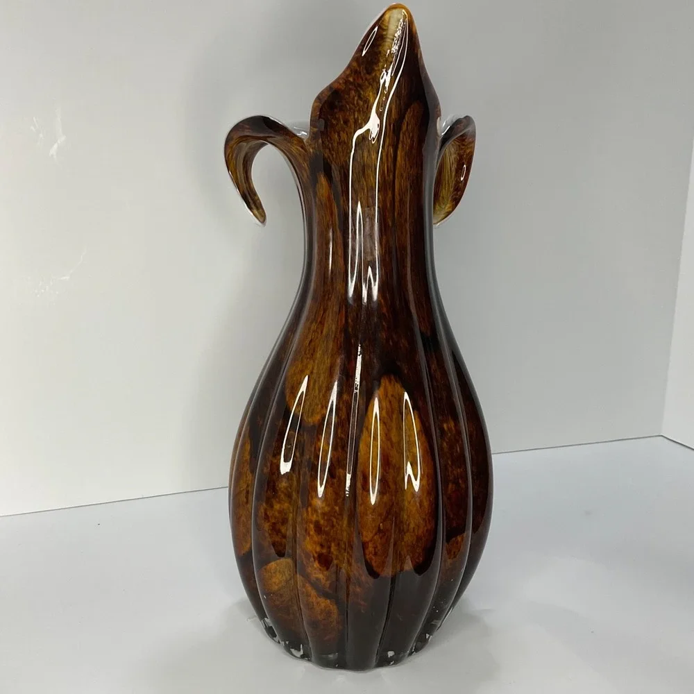 Handblown Vintage Tulip Vase‎ Tiger Eye Brown Fluted White Contrast Home Decor